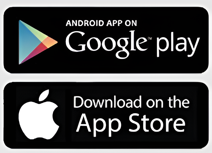 Android app on Google Play button and Download on the App Store button.