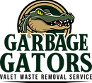 Green alligator with a stern expression, "GARBAGE GATORS" logo, and "Valet Waste Removal Service" text.