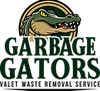 Green alligator with a stern expression, "GARBAGE GATORS" logo, and "Valet Waste Removal Service" text.