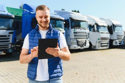Smiling man in blue vest using a tablet in front of parked white trucks
