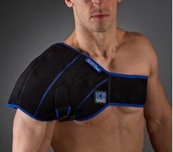 A shirtless man is wearing a black and blue ice shoulder brace.