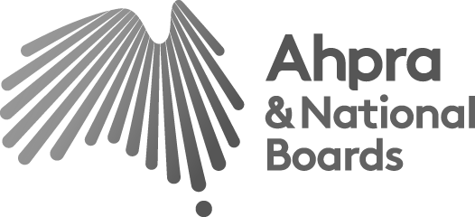 The ahpra and national boards logo is black and white.