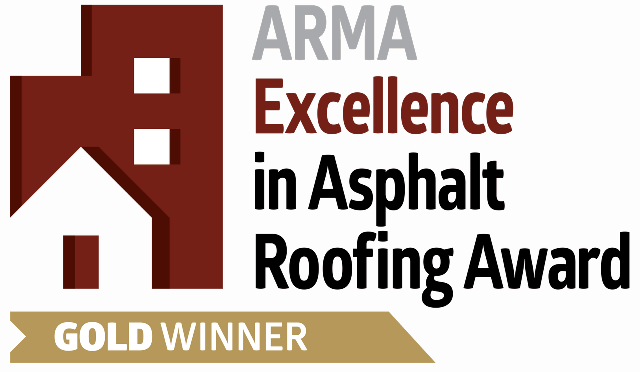 The arma excellence in asphalt roofing award logo is a gold winner.