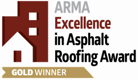 The arma excellence in asphalt roofing award logo is a gold winner.