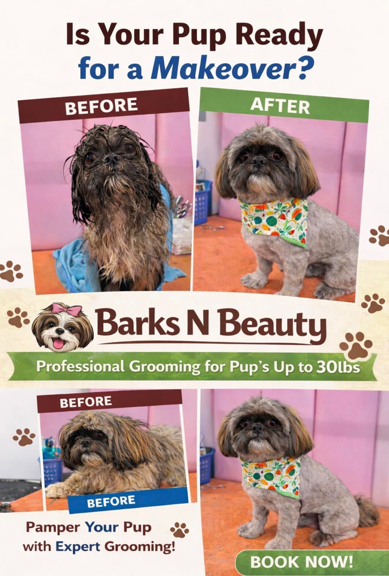 Before & after grooming of dogs: Barks N Beauty ad. Two before shots show unkempt dogs, after shots show clean, groomed dogs wearing bandanas.
