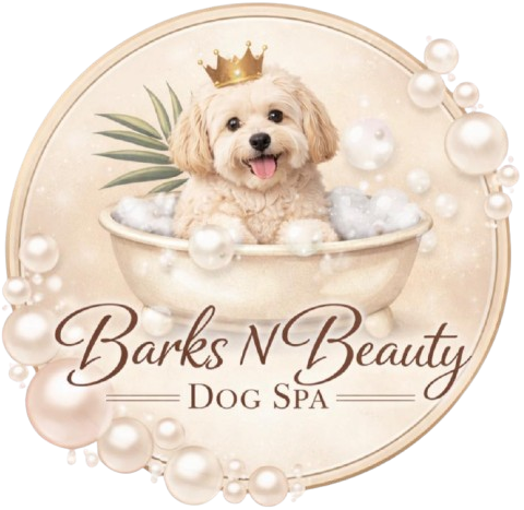 Cream-colored dog in tub wearing a crown. "Barks N Beauty" dog spa logo with bubbles and pearls.