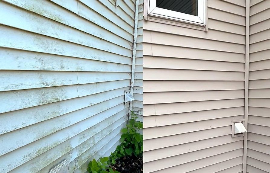 A before and after picture of a house 's siding.