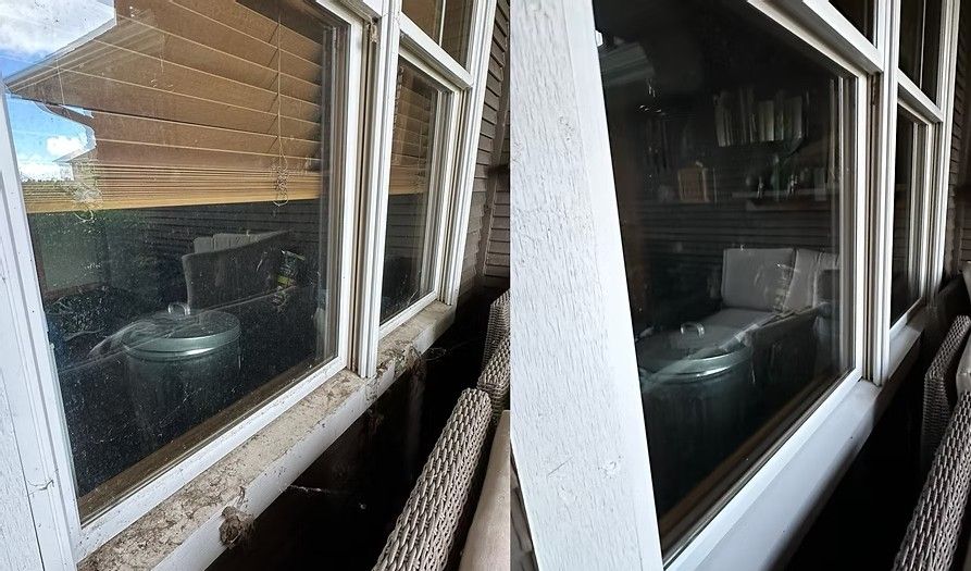 A before and after photo of a window with blinds