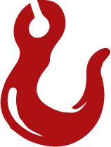 A red silhouette of a hook on a white background.