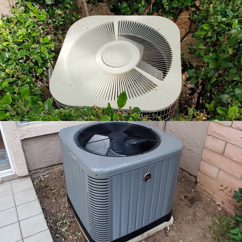 A split image showing an older, light-colored residential air conditioning unit and a new, gray unit.