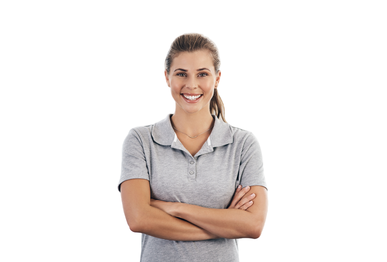 Woman in grey polo shirt with arms crossed, smiling, isolated on white background.