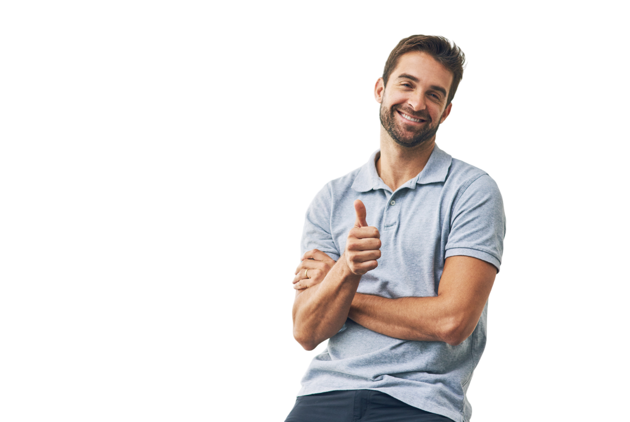 Man with a beard in a light blue polo shirt giving a thumbs up, smiling, arms crossed.