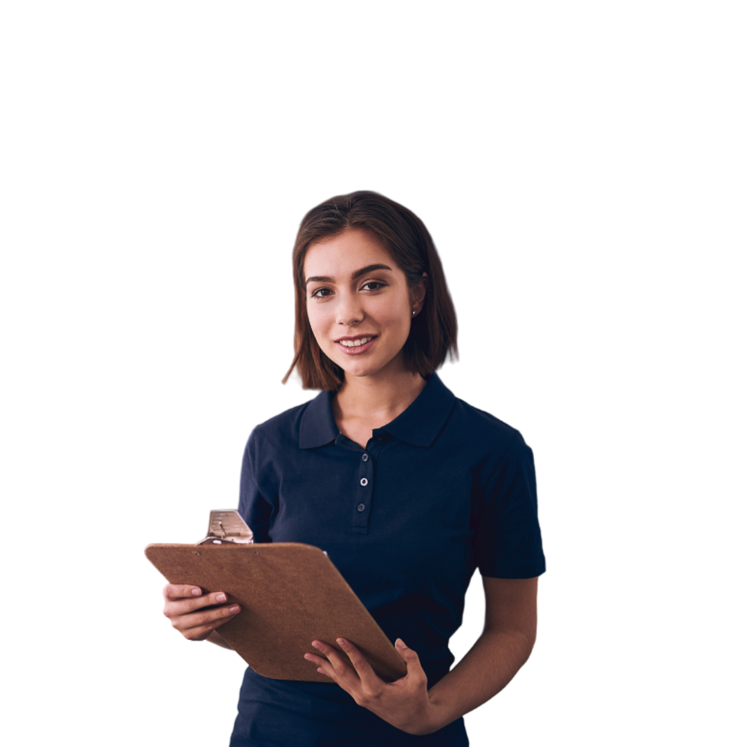 Woman in a dark blue polo shirt holding a clipboard, smiling, against a white background.