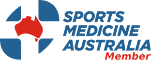 Logo of Sports Medicine Australia with a red map, blue and white design, and the text