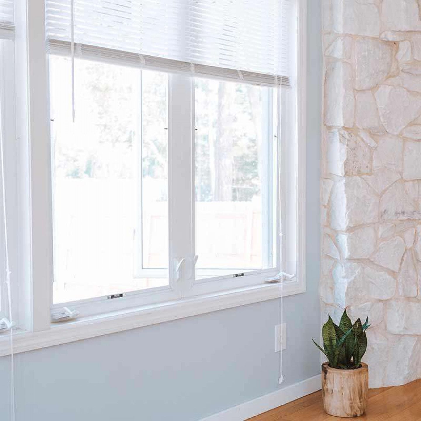 A potted plant is sitting next to a window in a living room