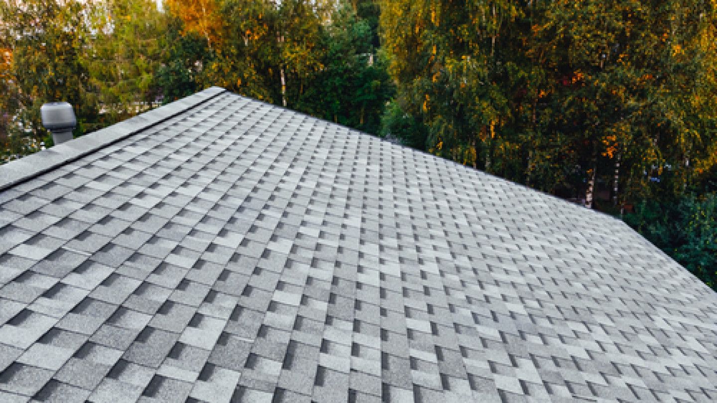 A close up of a roof with trees in the background