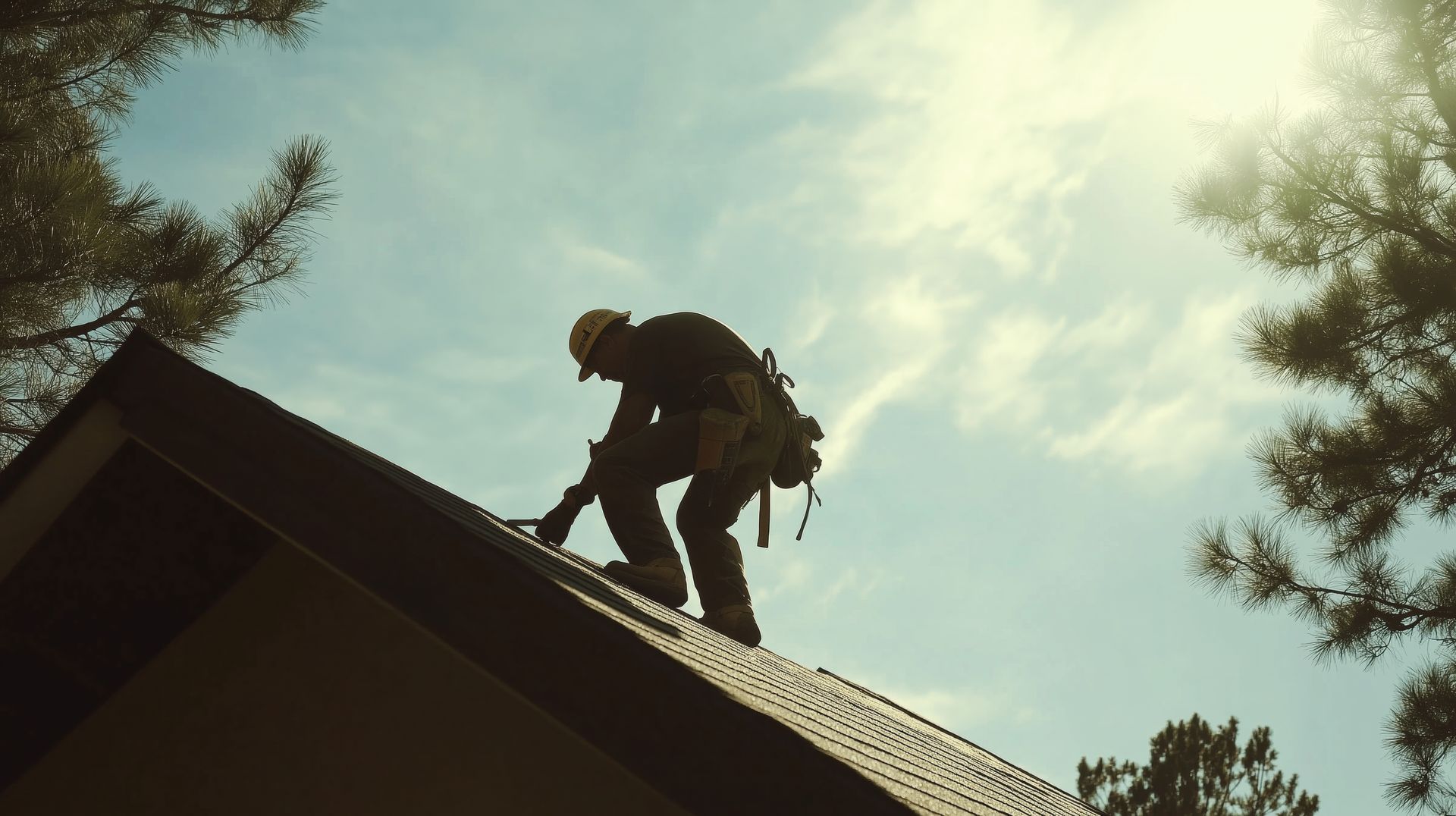 A local roofing contractor in silhouette installs asphalt shingles on a home roof.