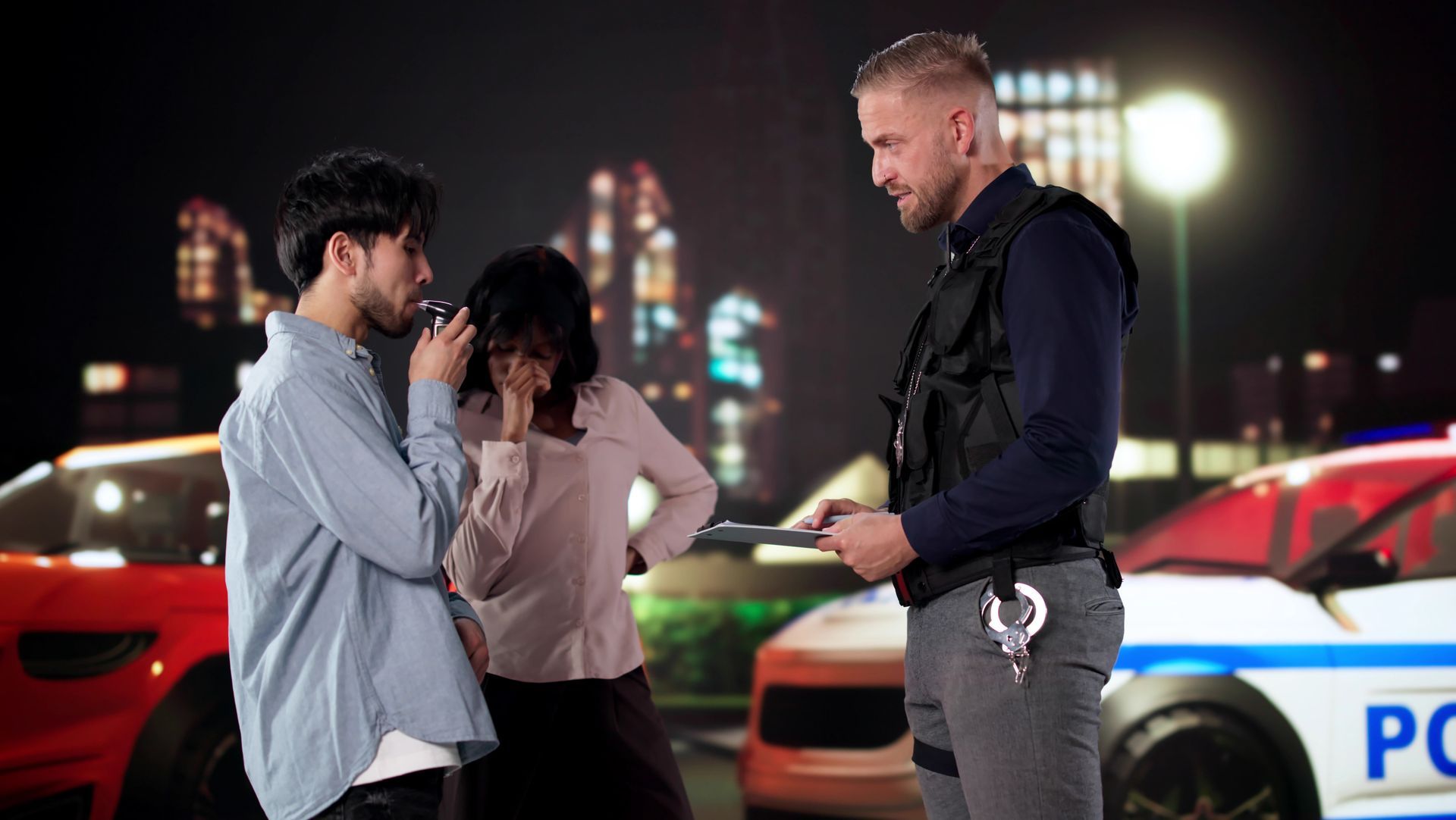 Driver taking breathalyzer test as passenger watches with concern. Driver taking breathalyzer test as passenger watches with concern.