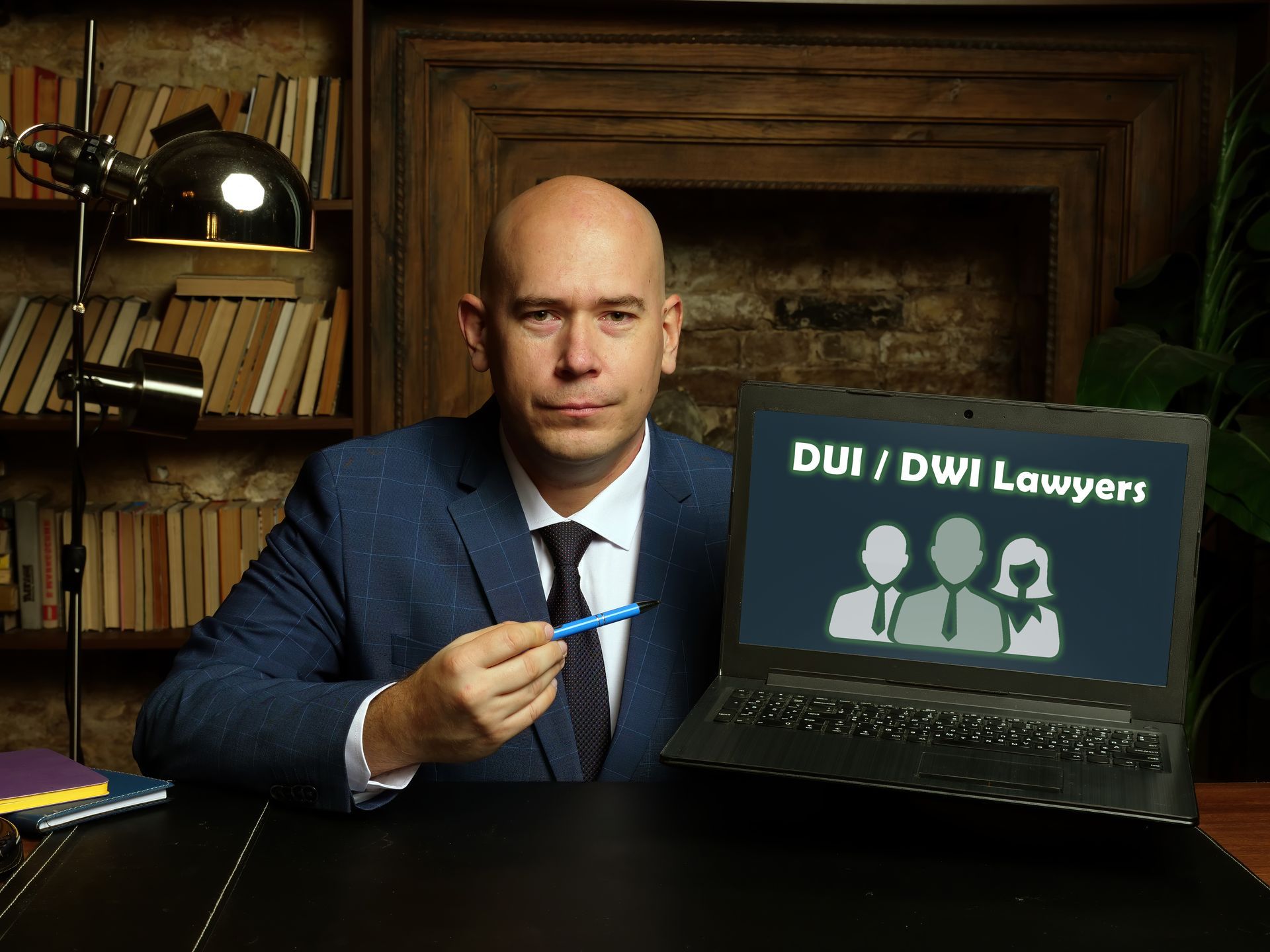 A professional man in a suit works at a desk with a laptop & pen, representing a DUI defense lawyer. A professional man in a suit works at a desk with a laptop & pen, representing a DUI defense lawyer.