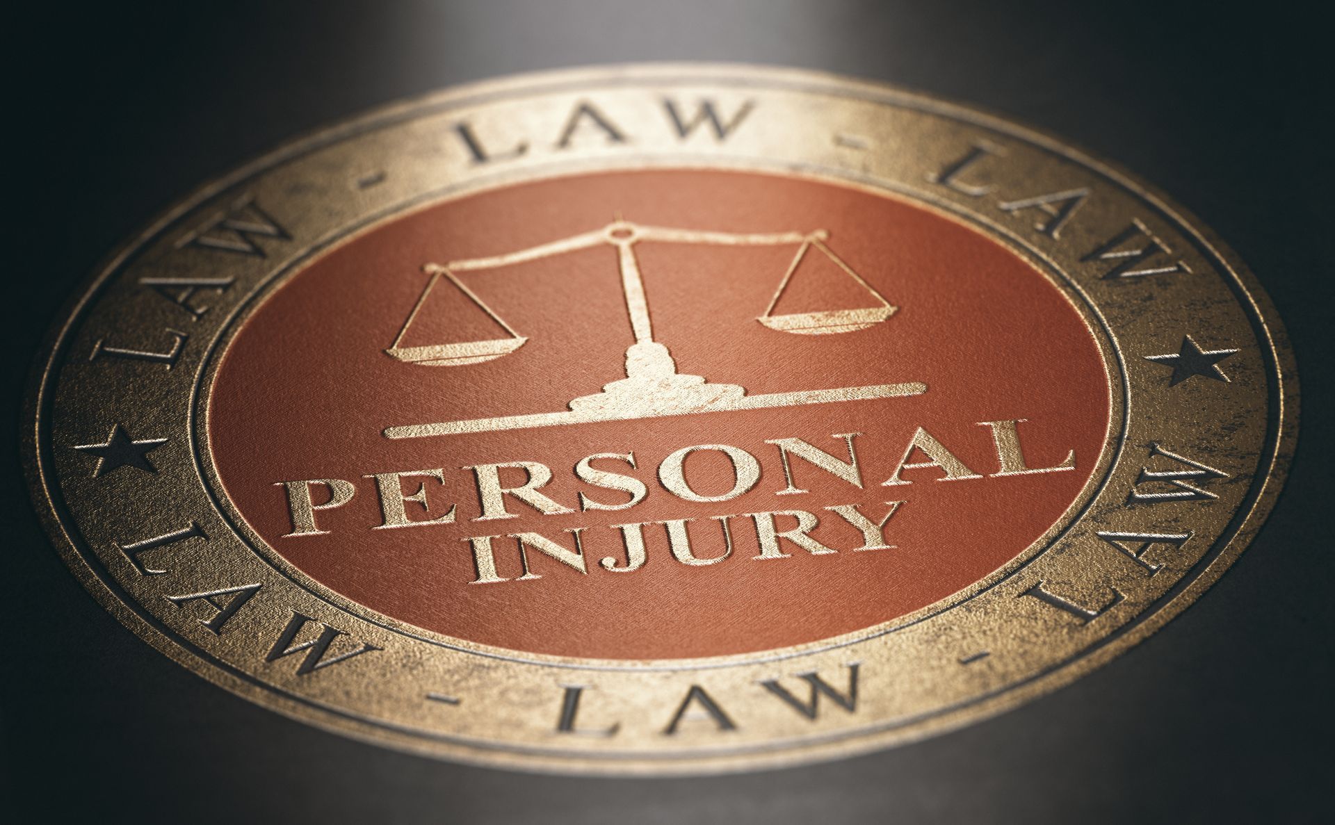 Gold and bronze personal injury law emblem with scales of justice.