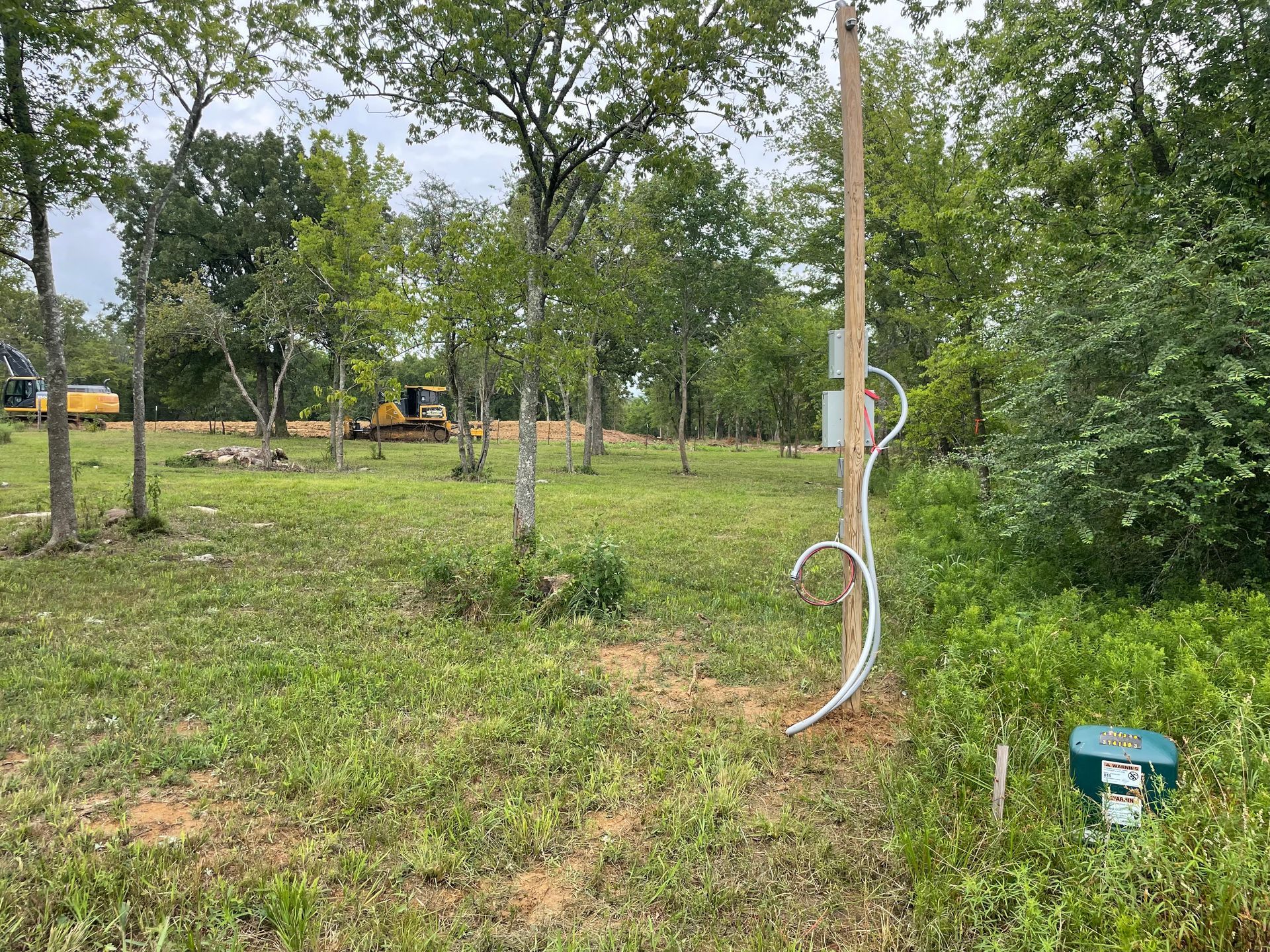 A large grassy field with trees and a pole in the middle.