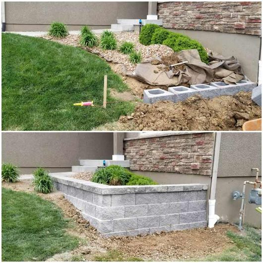 before and after image of retainer wall construction