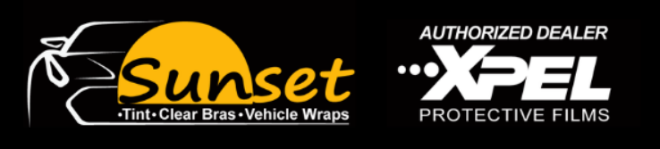 Sunset dealer logo with XPEL authorized dealer text on a black background