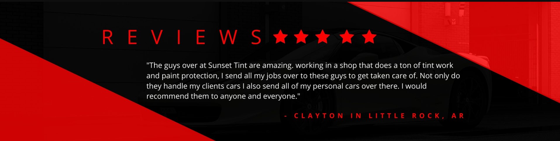 Black-and-red review banner with five stars and white testimonial text on a dark background
