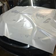 Crumpled white sheet draped over the front of a black car in a garage