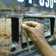 Hand beside a bus license plate in a wrapped vehicle license area.