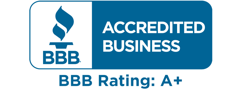 BBB Accredited Business logo with BBB Rating: A+ in blue and white