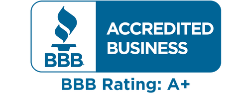 BBB Accredited Business logo with BBB Rating: A+ in blue and white