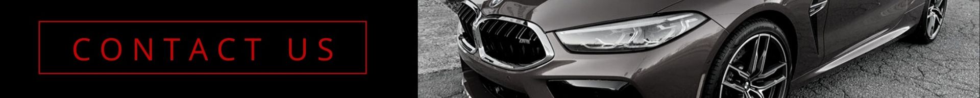 Black “CONTACT US” button beside a close-up of a gray sports car front end