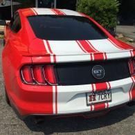 Red Ford Mustang with white racing stripes parked outdoors, rear view.