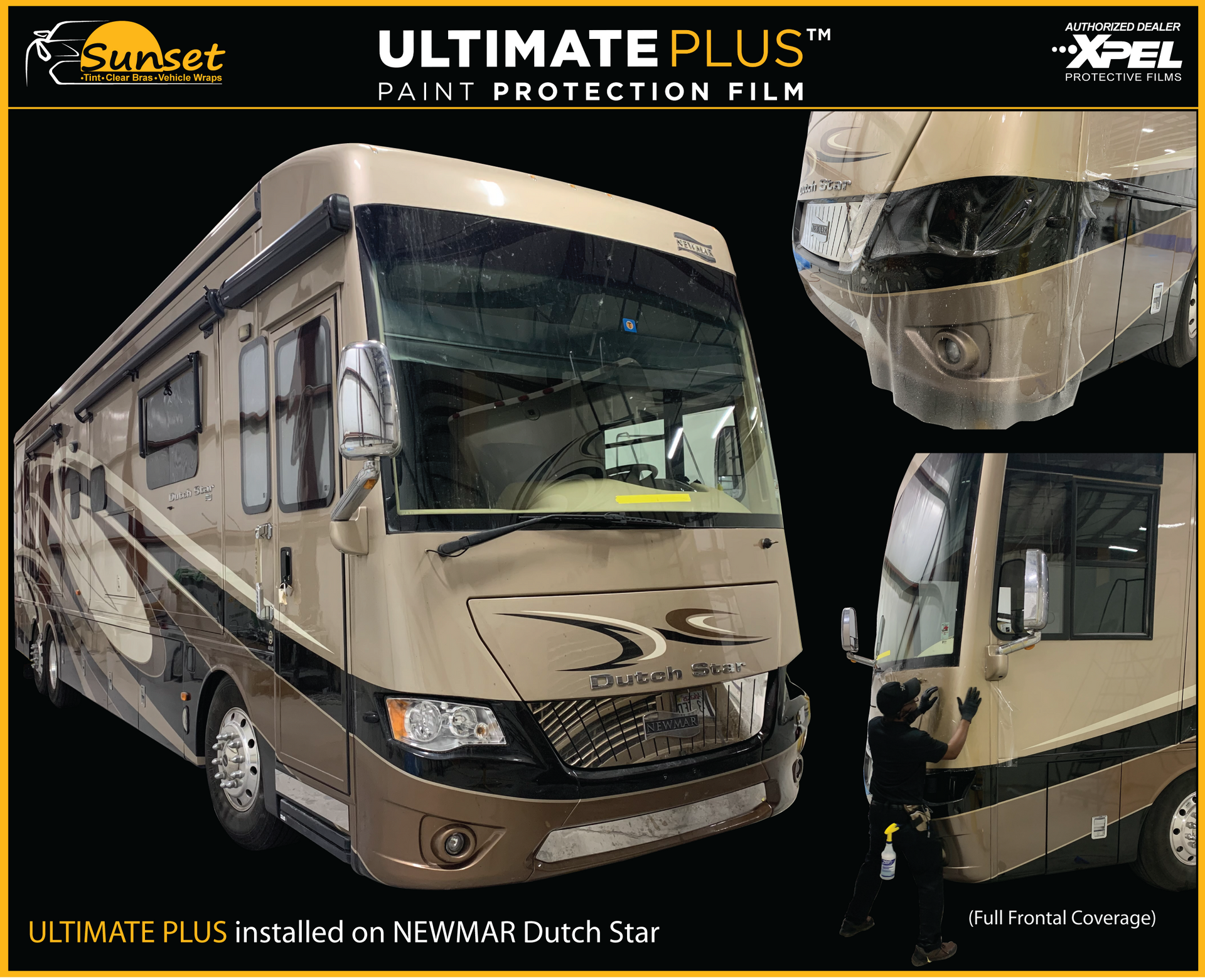 Recreational motorhome wrapped in tan and black paint protection film, with close-up detail views.