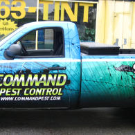 Branded pest control pickup truck with teal-black wrap parked outside a storefront