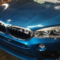 Close-up of a blue BMW front grille and headlights indoors
