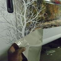 Hand holding a white sheet near a car window with white branches behind it