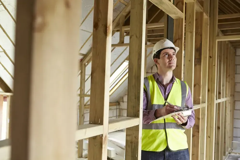 Construction worker in a hard hat and safety vest inspects framing with a clipboard.