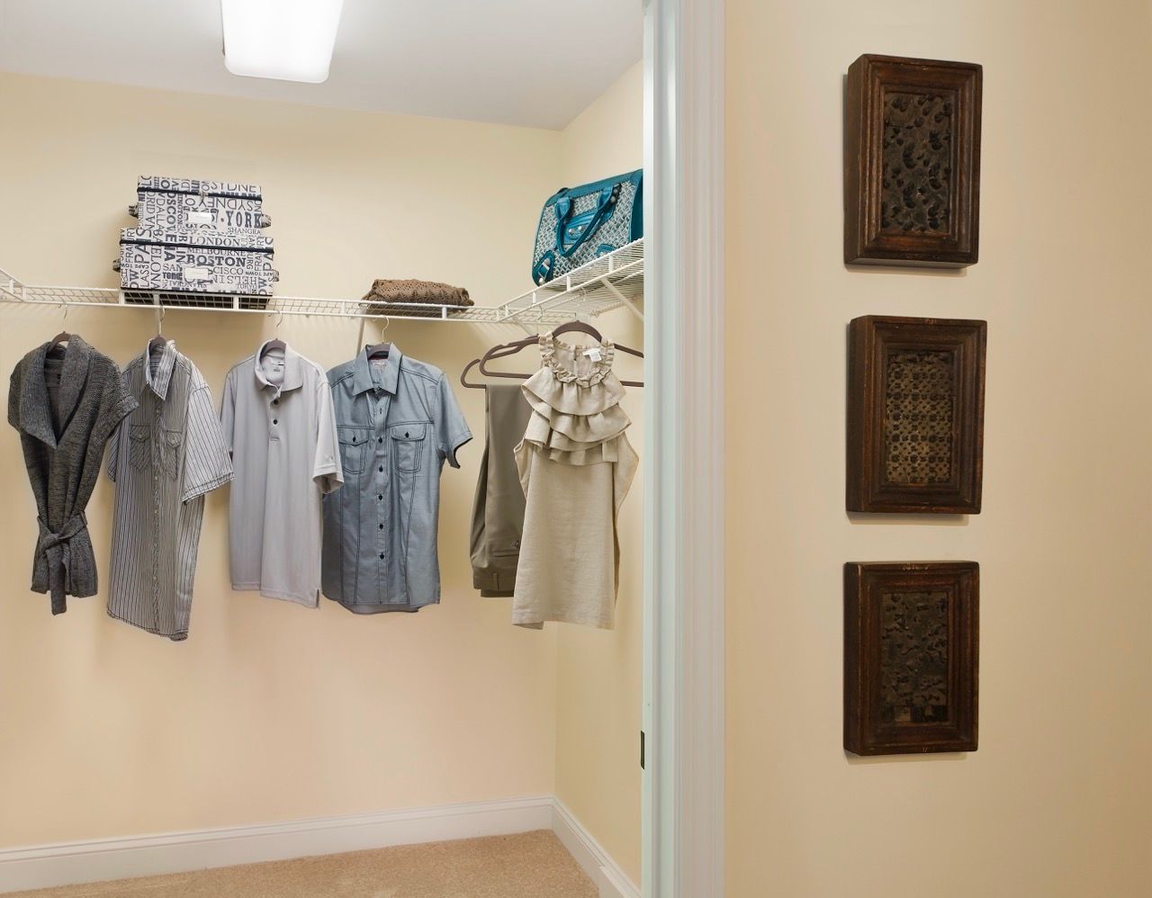 Walk-in closet with shirts hanging on a rod, storage boxes on a top shelf, and beige walls.