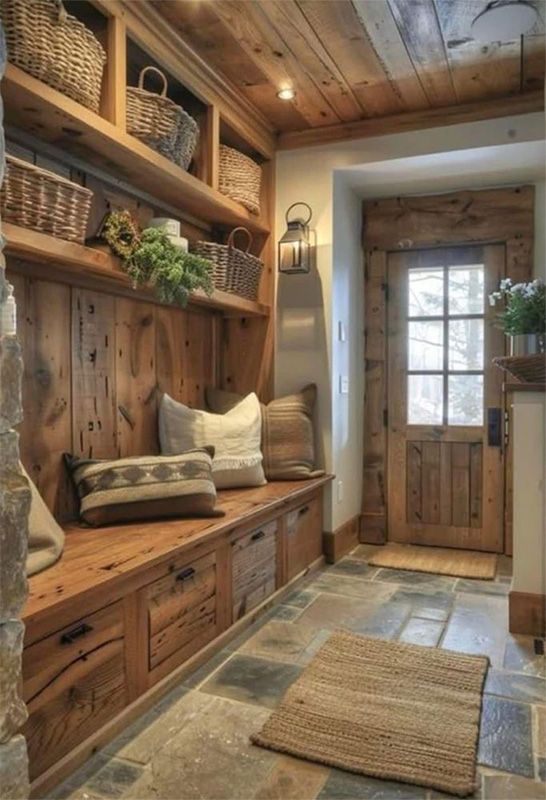 Rustic wooden entryway with bench, storage baskets, and stone floor.