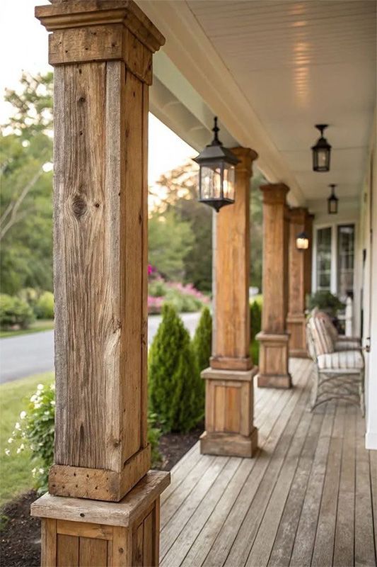 Wooden porch with rustic columns, lanterns, and a view of a garden and driveway.