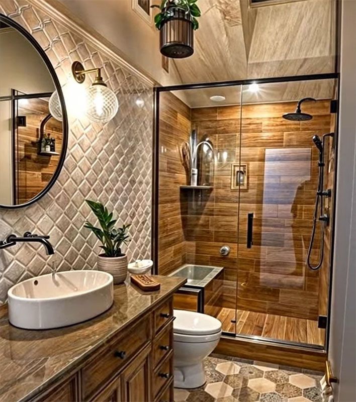 A modern bathroom with wood-look tile and a glass shower, featuring a vessel sink and decorative lighting.