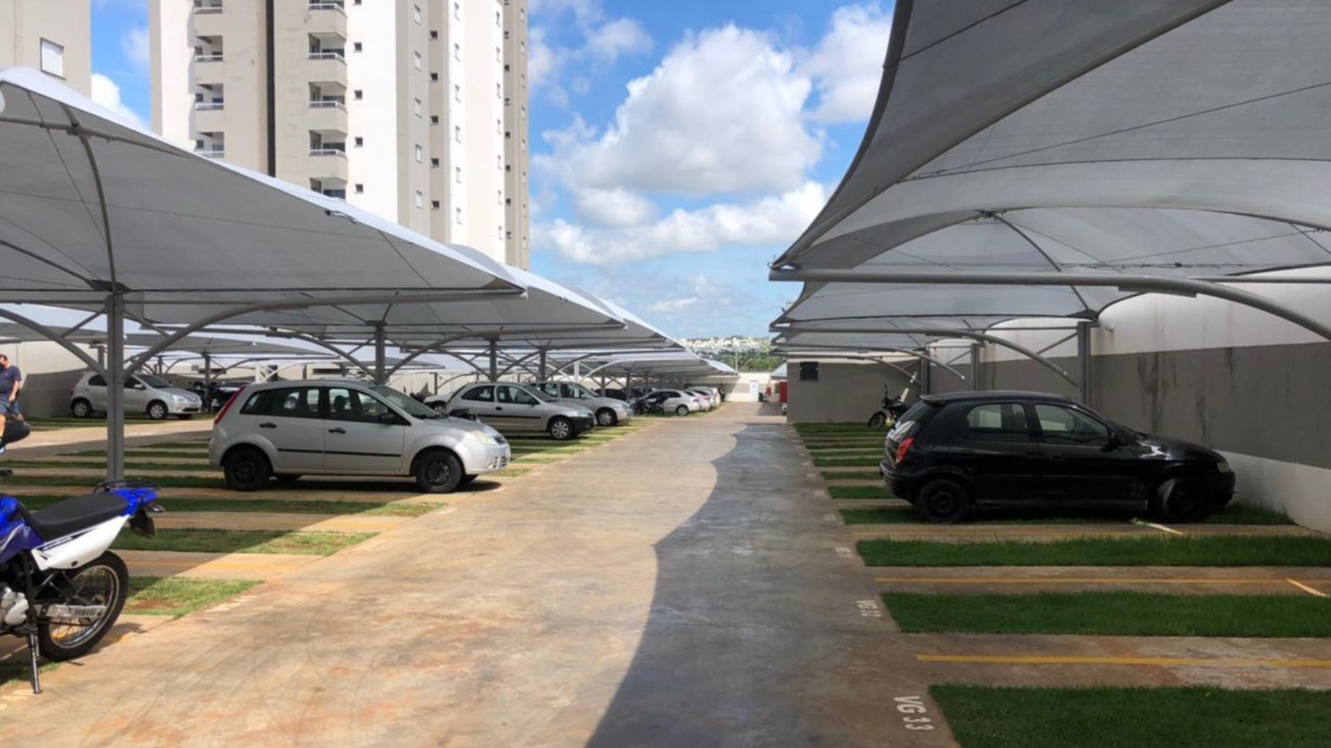 Muitos carros estão estacionados sob guarda-sóis em um estacionamento