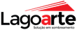 Um logotipo para uma empresa chamada lagoarte com um triângulo vermelho em um fundo branco.