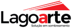 Um logotipo para uma empresa chamada lagoarte com um triângulo vermelho em um fundo branco.