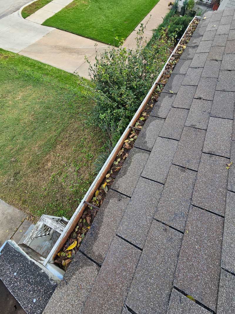 Gutter on roof filled with leaves, next to green lawn and sidewalk.