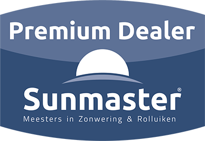 Een blauw bord met de tekst premium dealer sunmaster erop