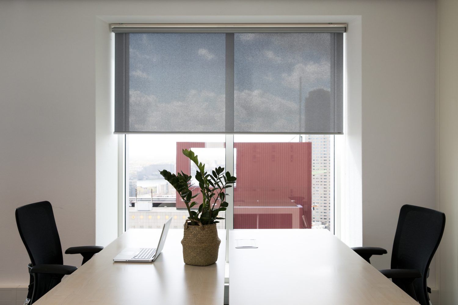 Een vergaderruimte met een tafel, stoelen en een potplant op tafel.