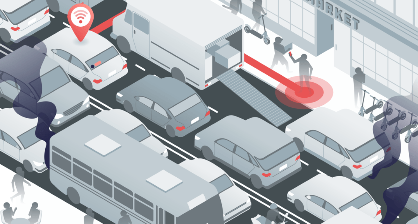 Illustration of street and curbside congestion, including someone hailing a rideshare, freight deliveries, pedestrians and scooters sharing the sidewalk, bumper-to-bumper traffic.